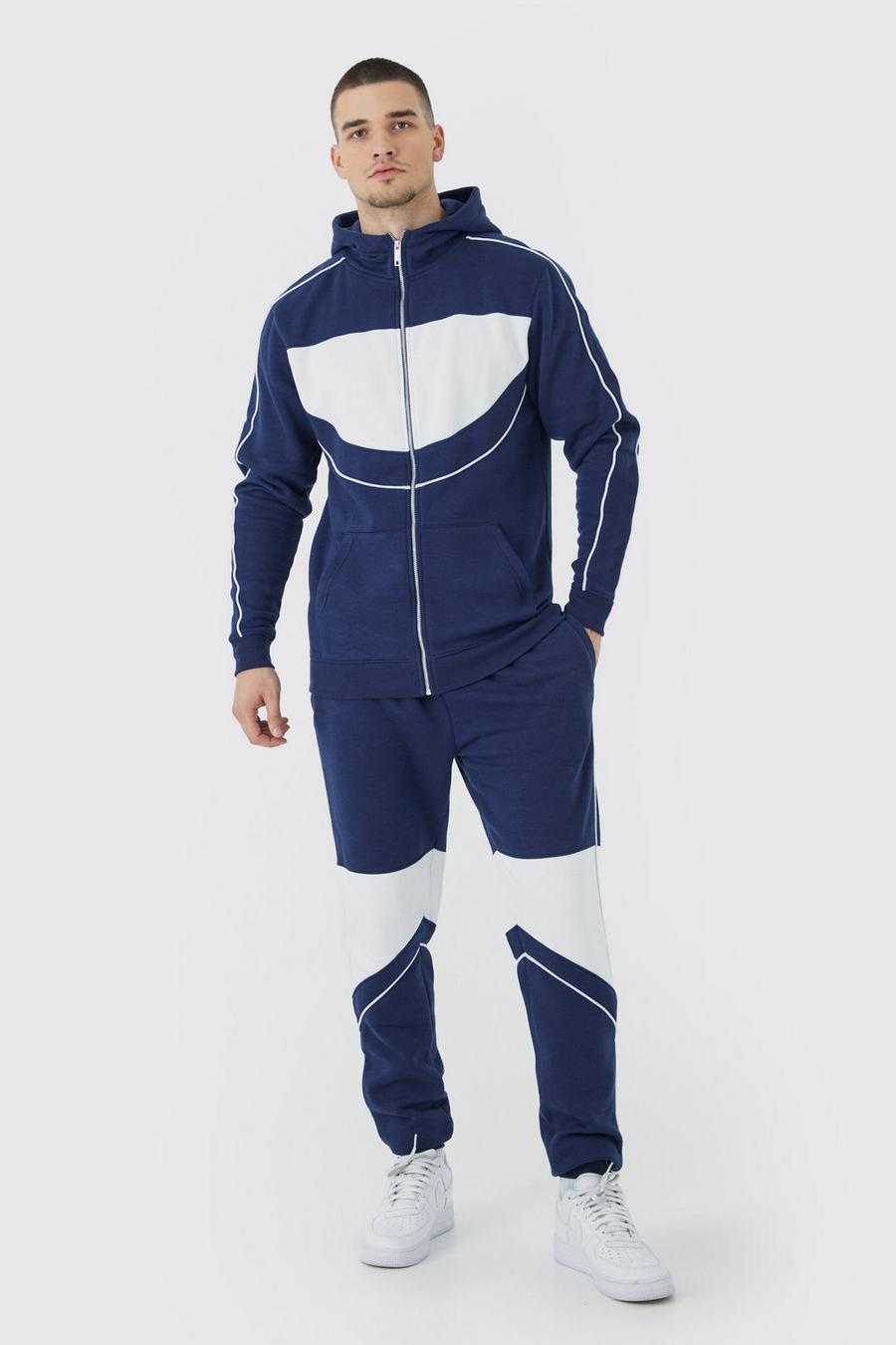 Navy Tall Slim Colour Block Funnel Hooded Tracksuit