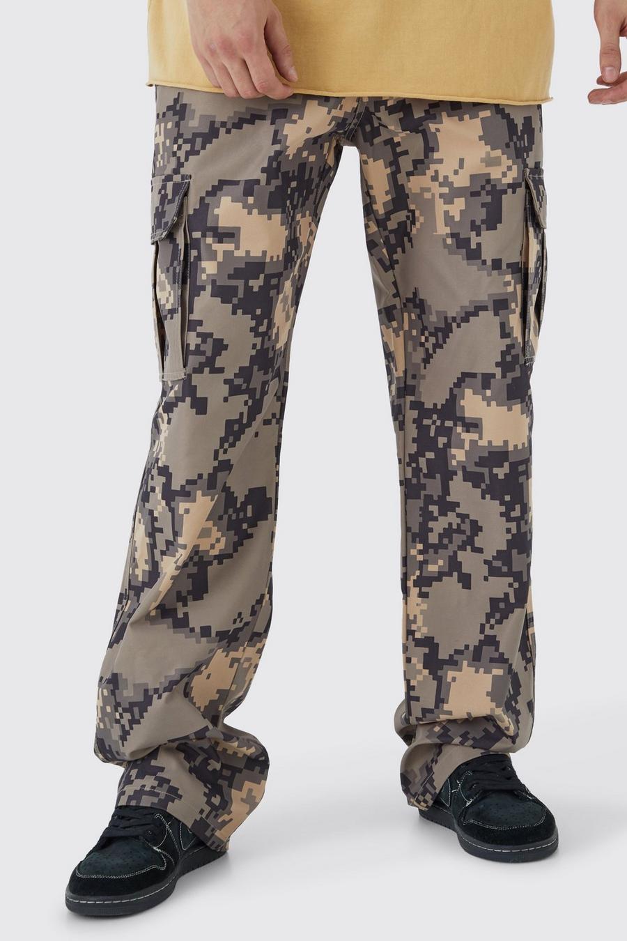 Pantalón Tall cargo holgado con estampado de camuflaje pixelado, Stone