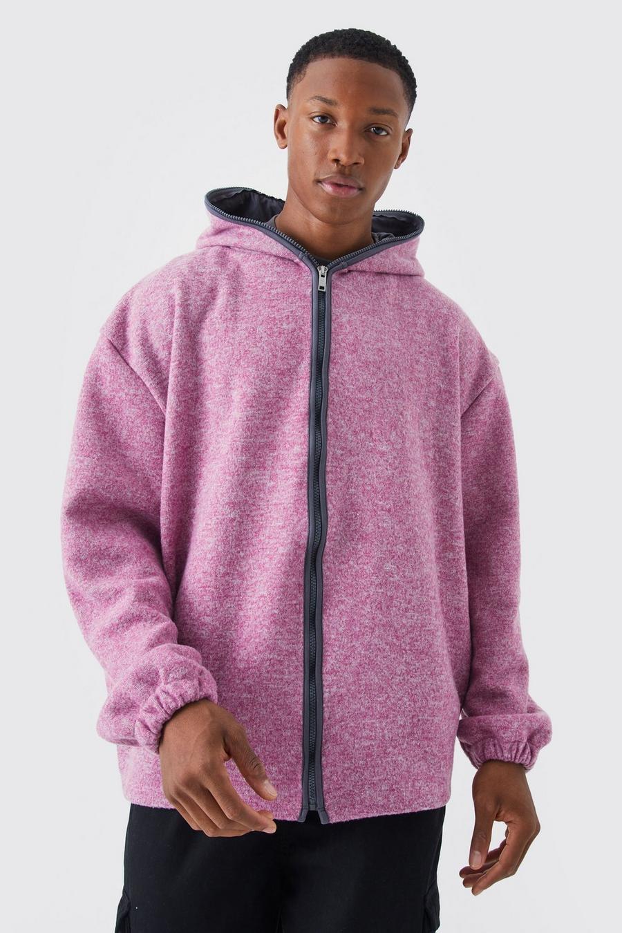 Dusky pink Oversize hoodie i tjockt tyg med borstad dragkedja