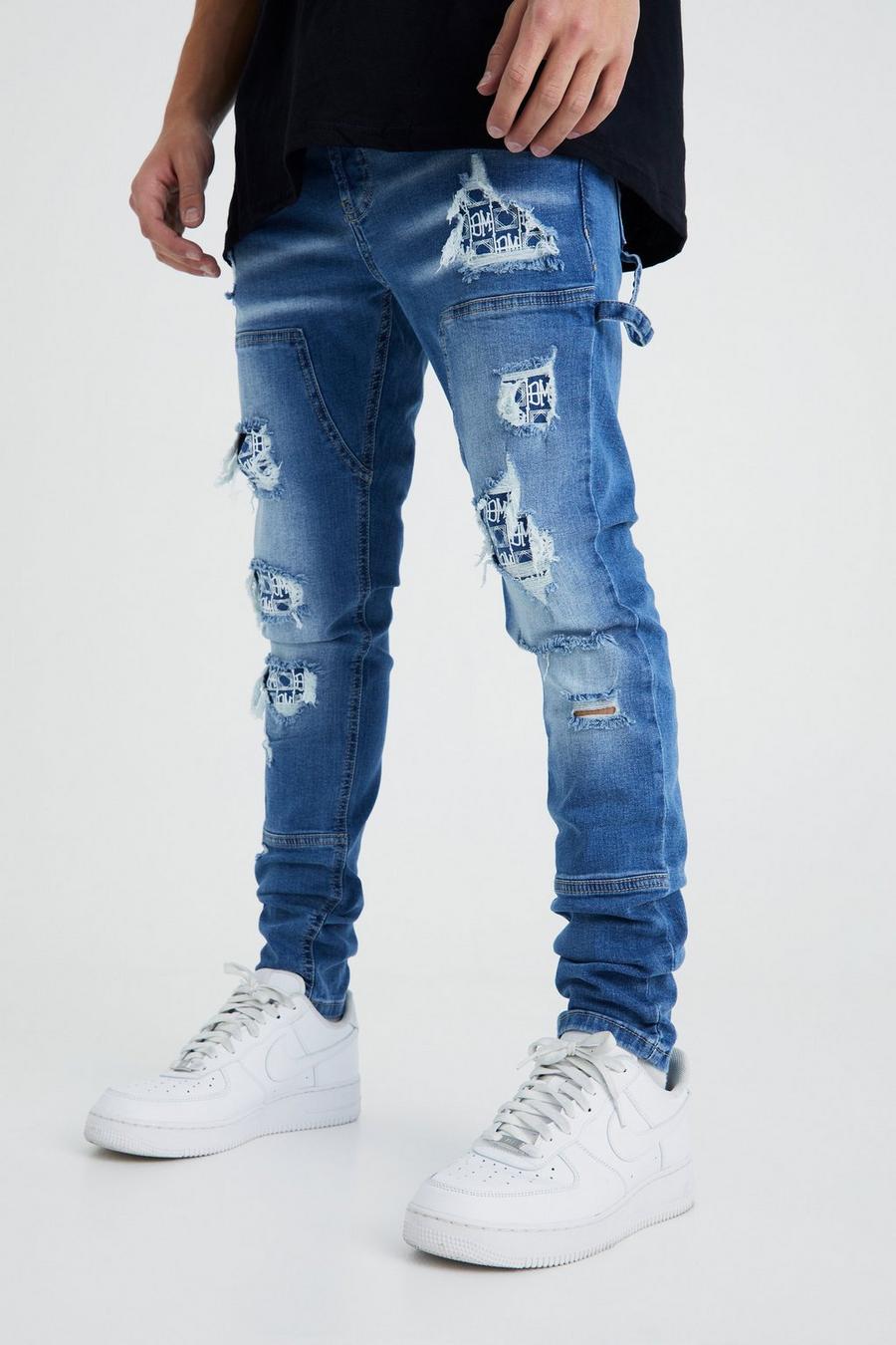 Jeans Carpenter Skinny Fit Stretch con strappi & rattoppi, Light blue image number 1
