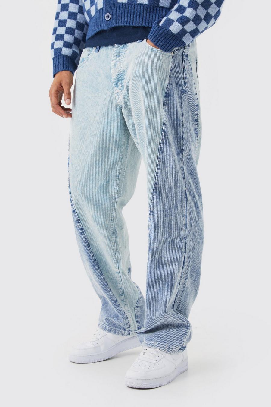 Pantaloni rilassati in velluto a coste a blocchi di colore in lavaggio acido, Blue