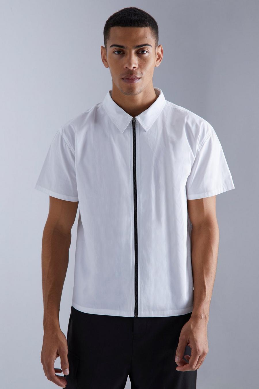 White Short Sleeve Boxy Zip Shirt