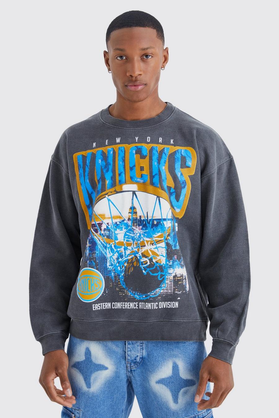 Oversize Sweatshirt mit lizenziertem New York Knicks Nba Print, Grey