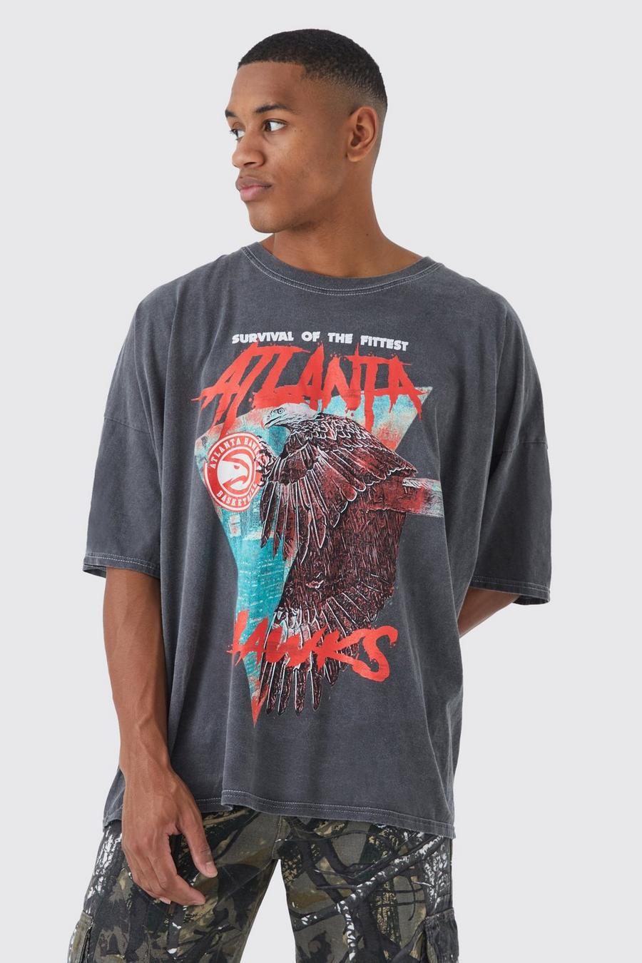 T-Shirt mit Acid-Waschung und lizenziertem Atlanta Hawks Nba Print, Grey