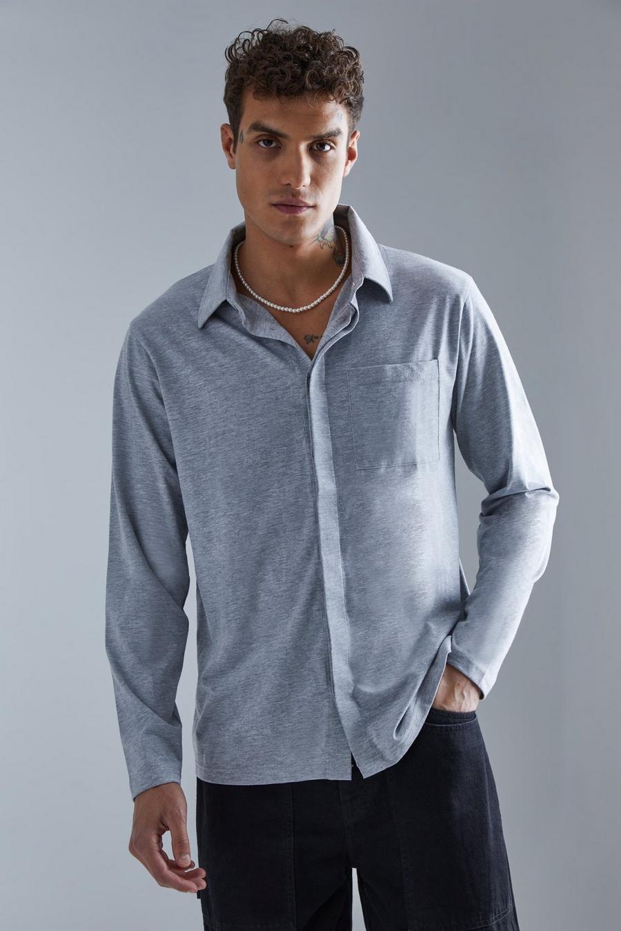 Grey marl Concealed Placket Jersey Overshirt image number 1