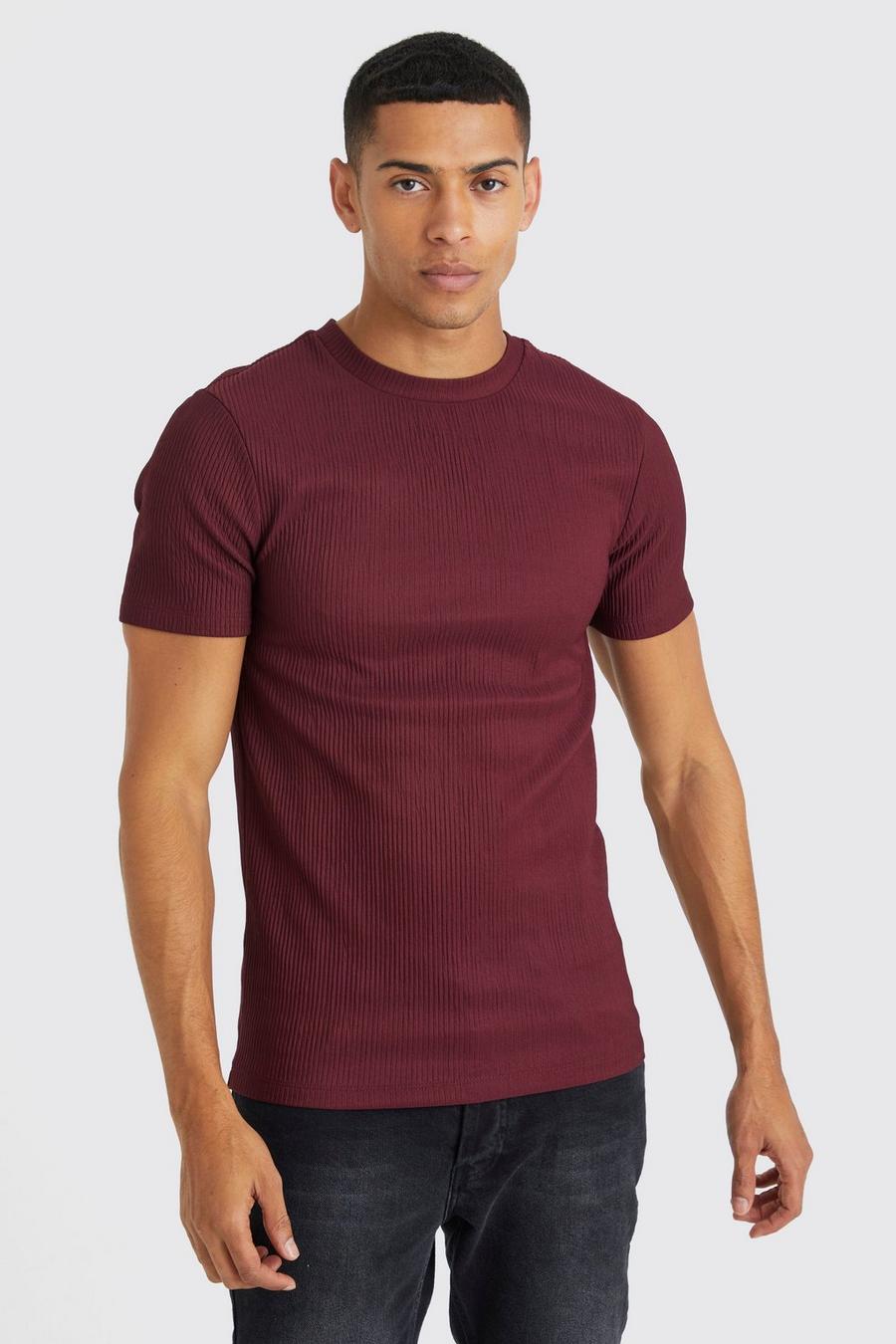 Burgundy Dik Geplooid Muscle Fit T-Shirt