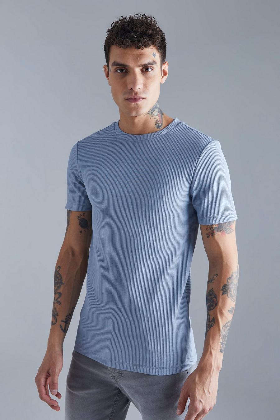Blue Heavy Pleated Muscle T Shirt