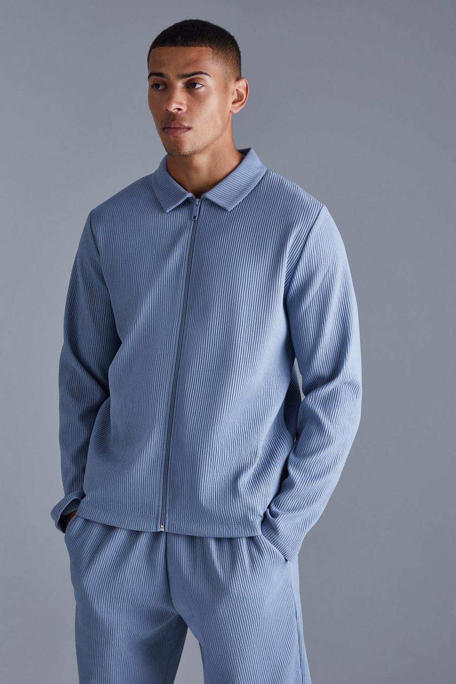 Blue Heavy Pleated Zip Through Overshirt image number 1