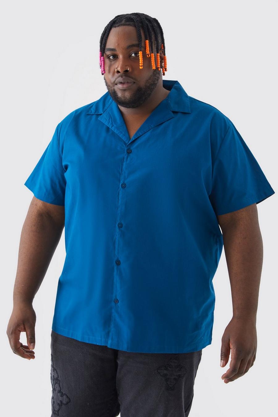 Blue Plus Short Sleeve Peached Poplin Oversized Revere Shirt image number 1