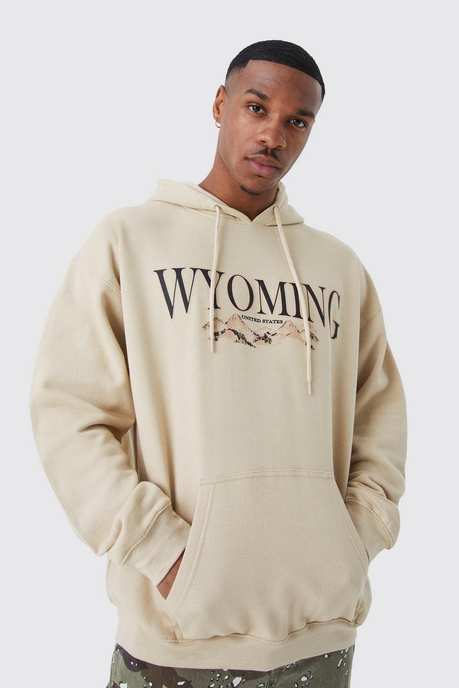 Felpa oversize con grafica Wyoming Mountain e cappuccio, Sand