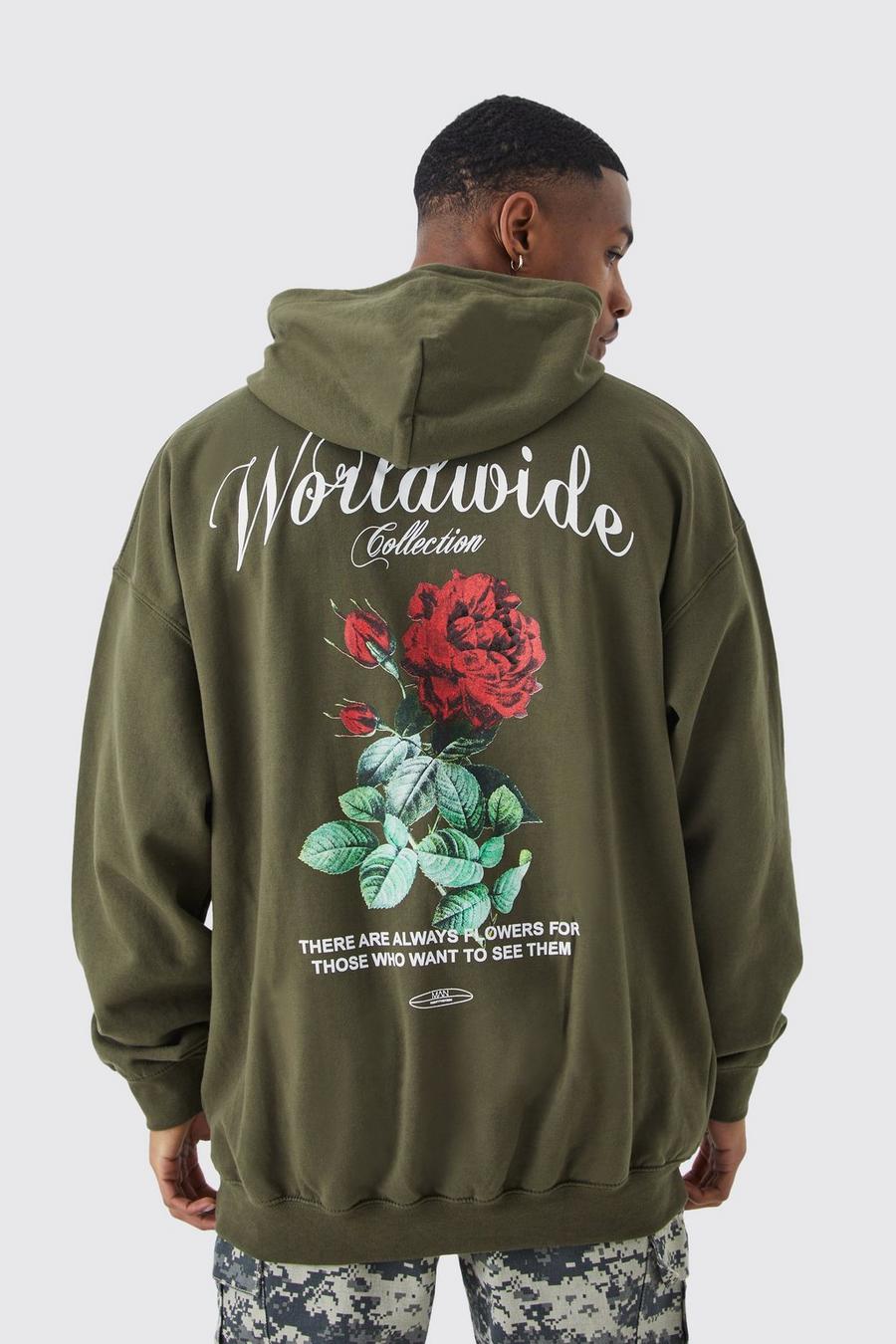 Felpa oversize sovratinta con grafica Worldwide a fiori e cappuccio, Khaki