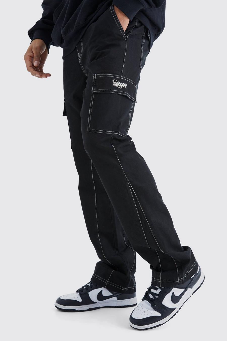 Black Slim Flare Gusset Contrast Stitch Cargo Trouser