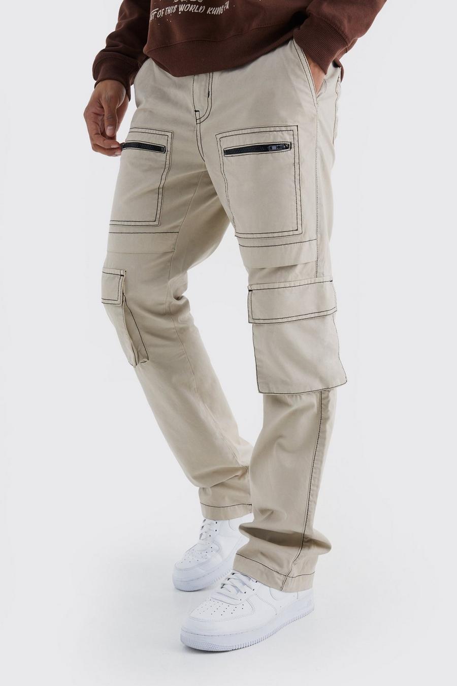 Stone Slim Multi Zip Cargo Pocket Contrast Stitch Trouser