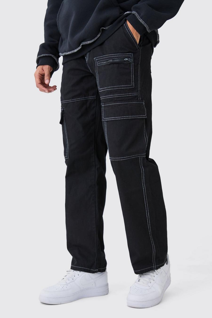 Pantalón holgado con multibolsillos cargo y costuras en contraste, Black