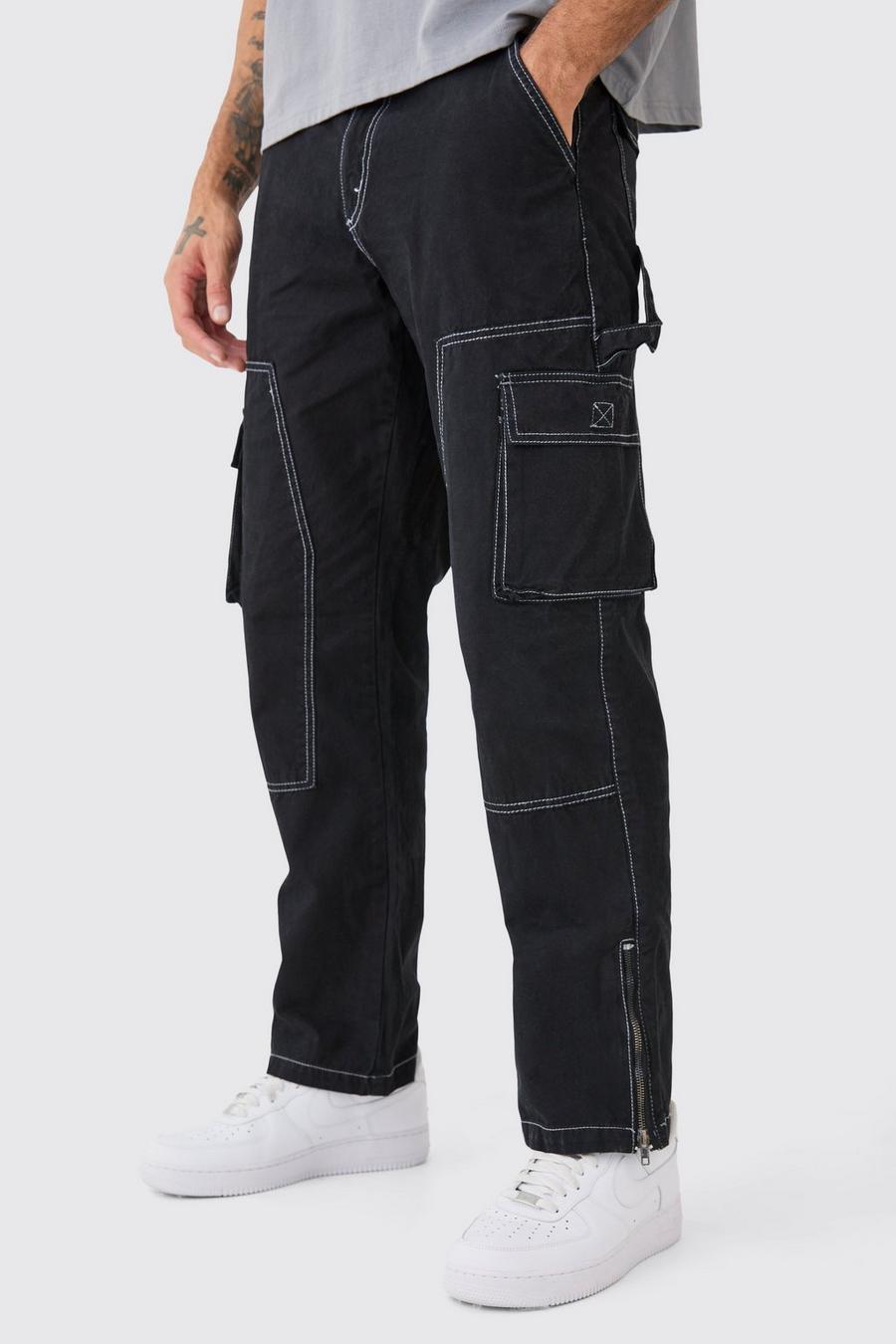 Pantalón holgado estilo carpintero con cremallera en el bajo y costuras en contraste, Black image number 1