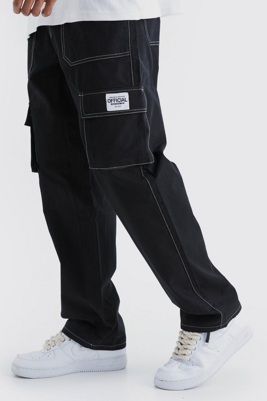 Pantalón cargo holgado con costuras en contraste y etiqueta de tela, Black