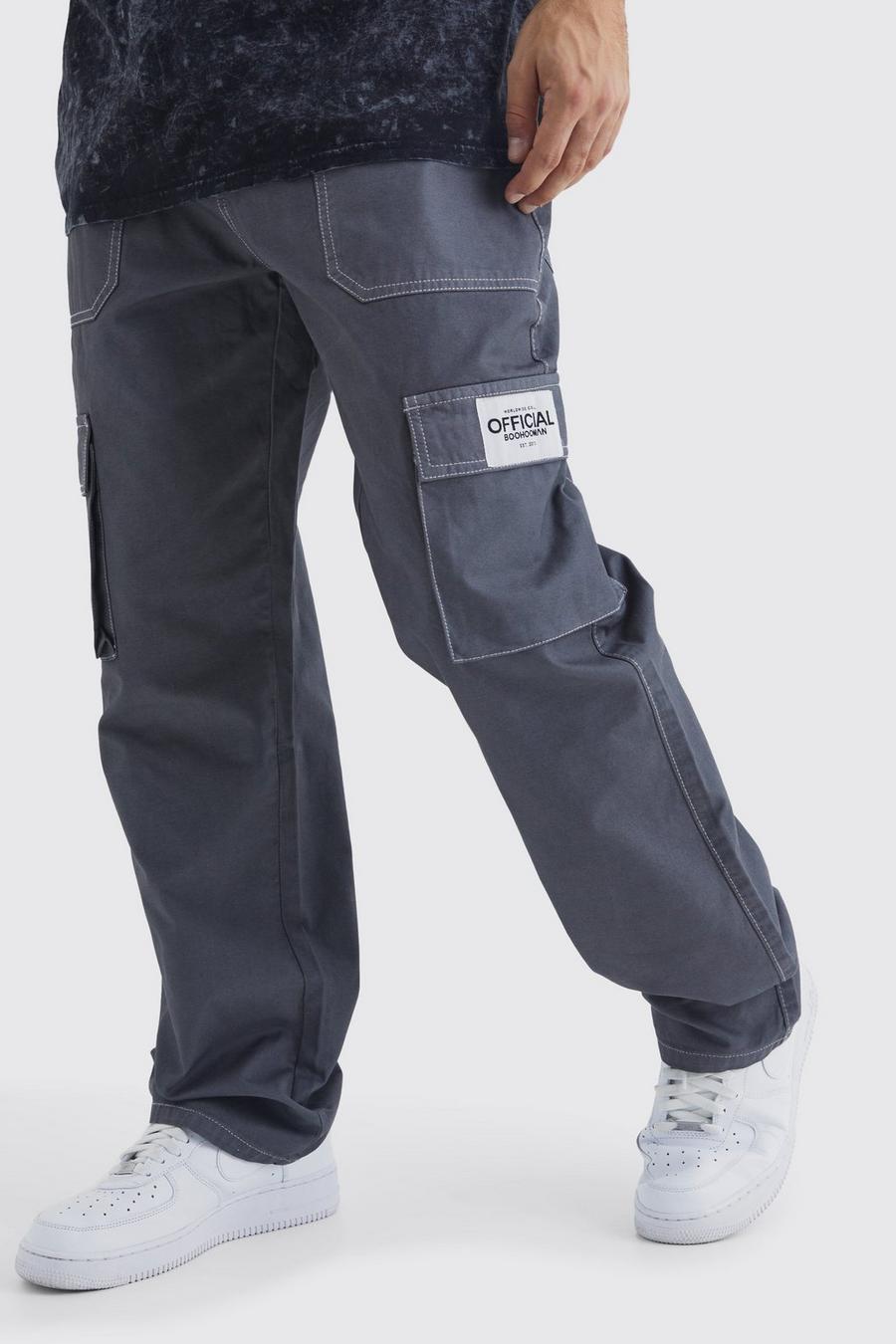 Pantalón cargo holgado con costuras en contraste y etiqueta de tela, Charcoal