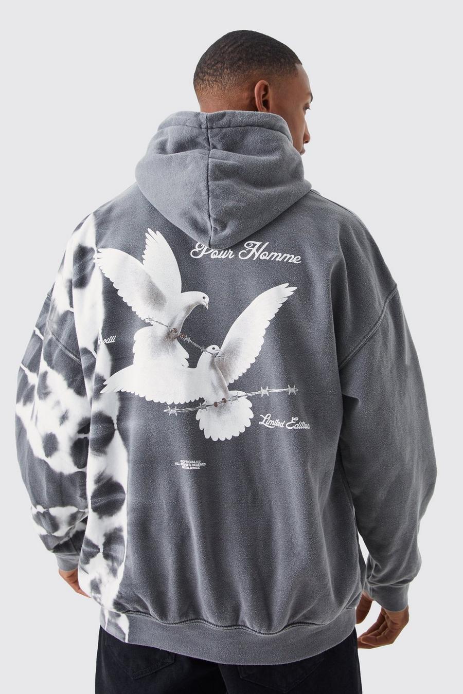 Charcoal Oversize hoodie med batikmönster och grafiskt tryck