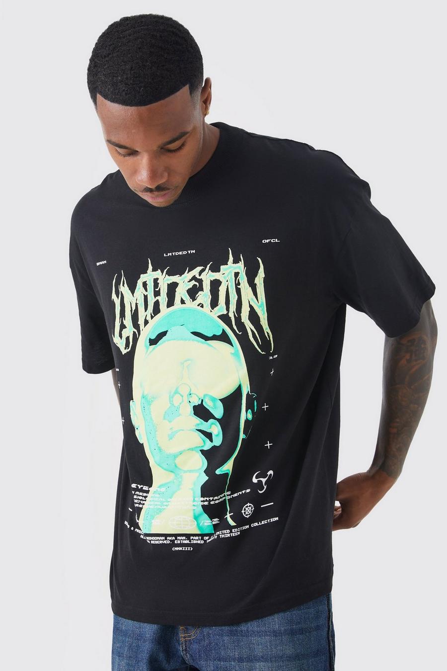 Black Oversized Neon Face Graphic T-shirt image number 1