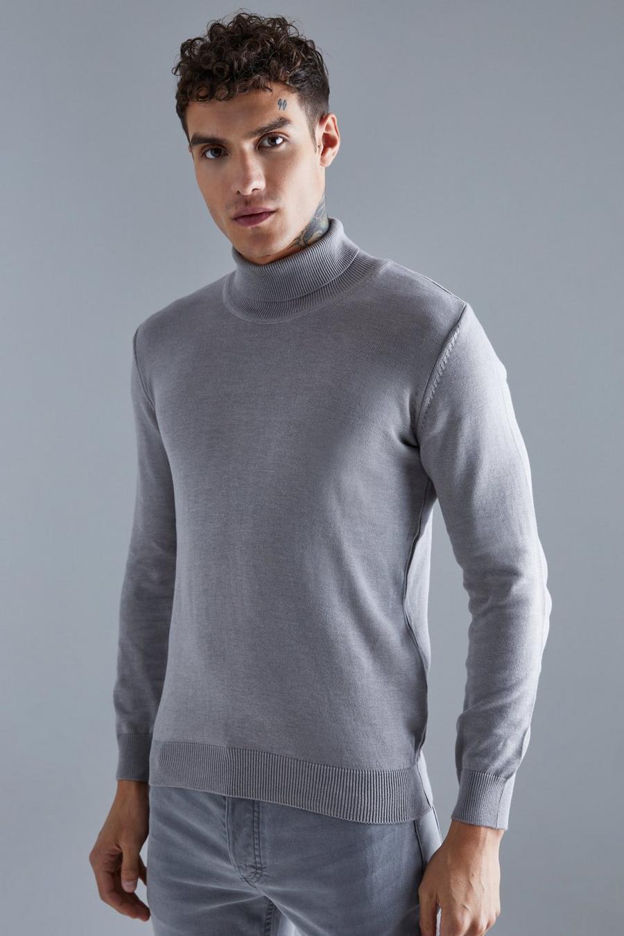 Grey Långärmad stickad tröja med polokrage