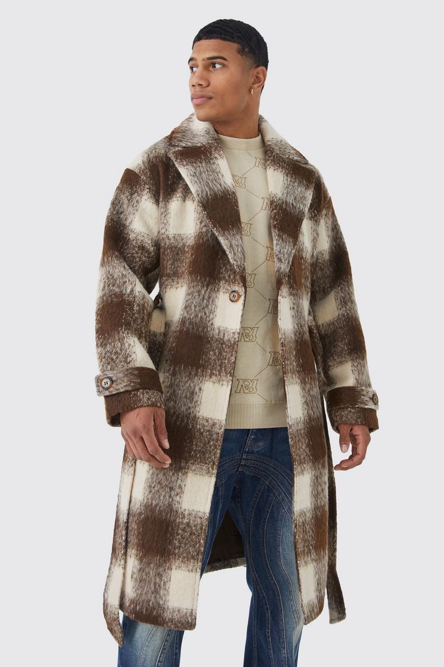 Manteau effet laine à carreaux et ceinture, Tan