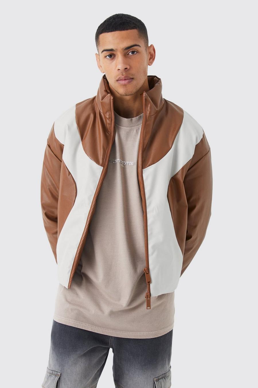 Brown Boxy Pu Funnel Neck Panelled Bomber