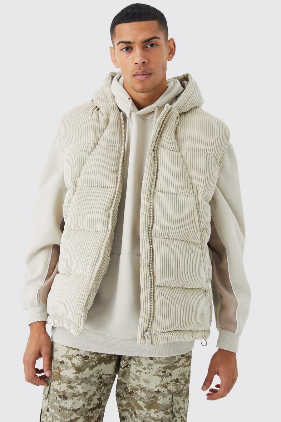 Stone Cord Panelled Hooded Puffer Gilet