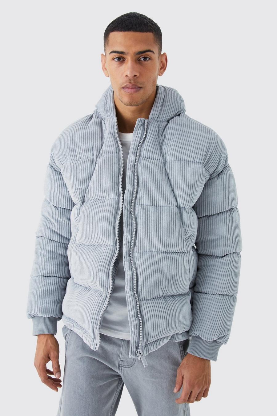 Light grey Cord Panelled Hooded Puffer