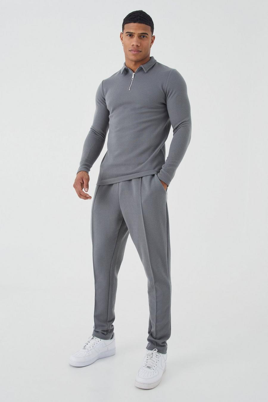 Conjunto de pantalón deportivo y polo de jacquard de manga larga ajustado al músculo, Charcoal image number 1