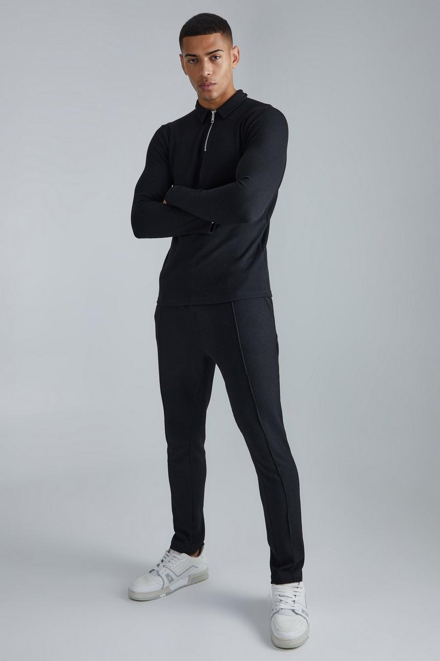 Langärmliges Muscle-Fit Poloshirt & Jogginghose in Waffeloptik, Black