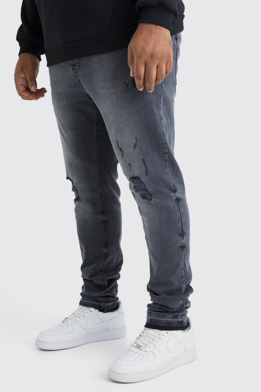 Charcoal Plus Versleten Gescheurde Stacked Skinny Jeans Met Losvallende Zoom