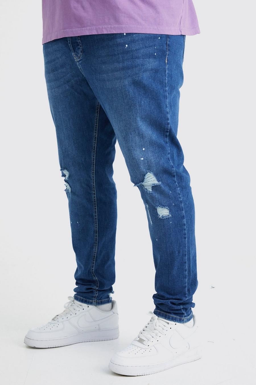 Plus Skinny Stretch Jeans mit Farbspritzern und Riss am Knie, Mid blue