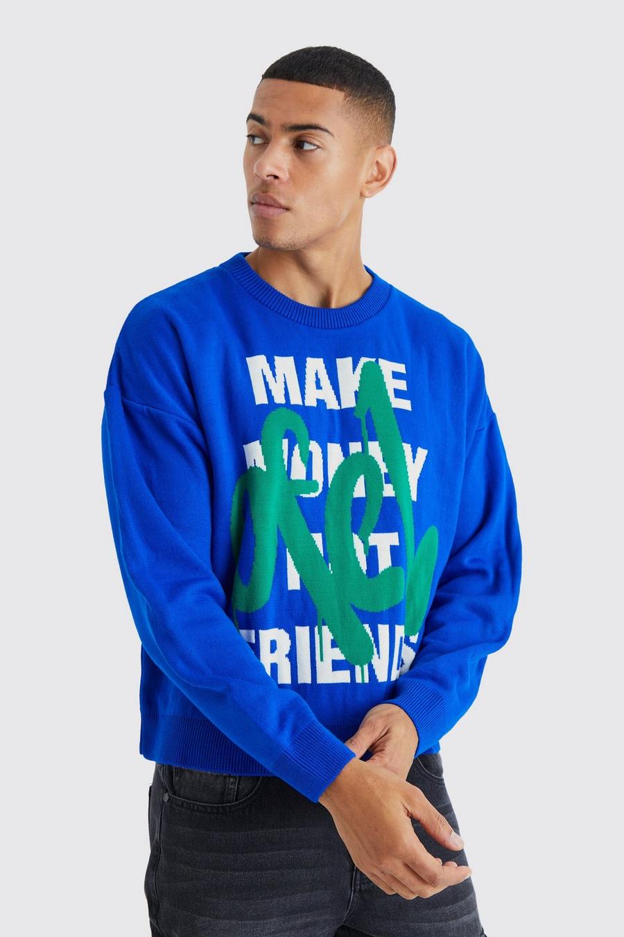 Maglione squadrato oversize in maglia con scritta Make Money, Blue