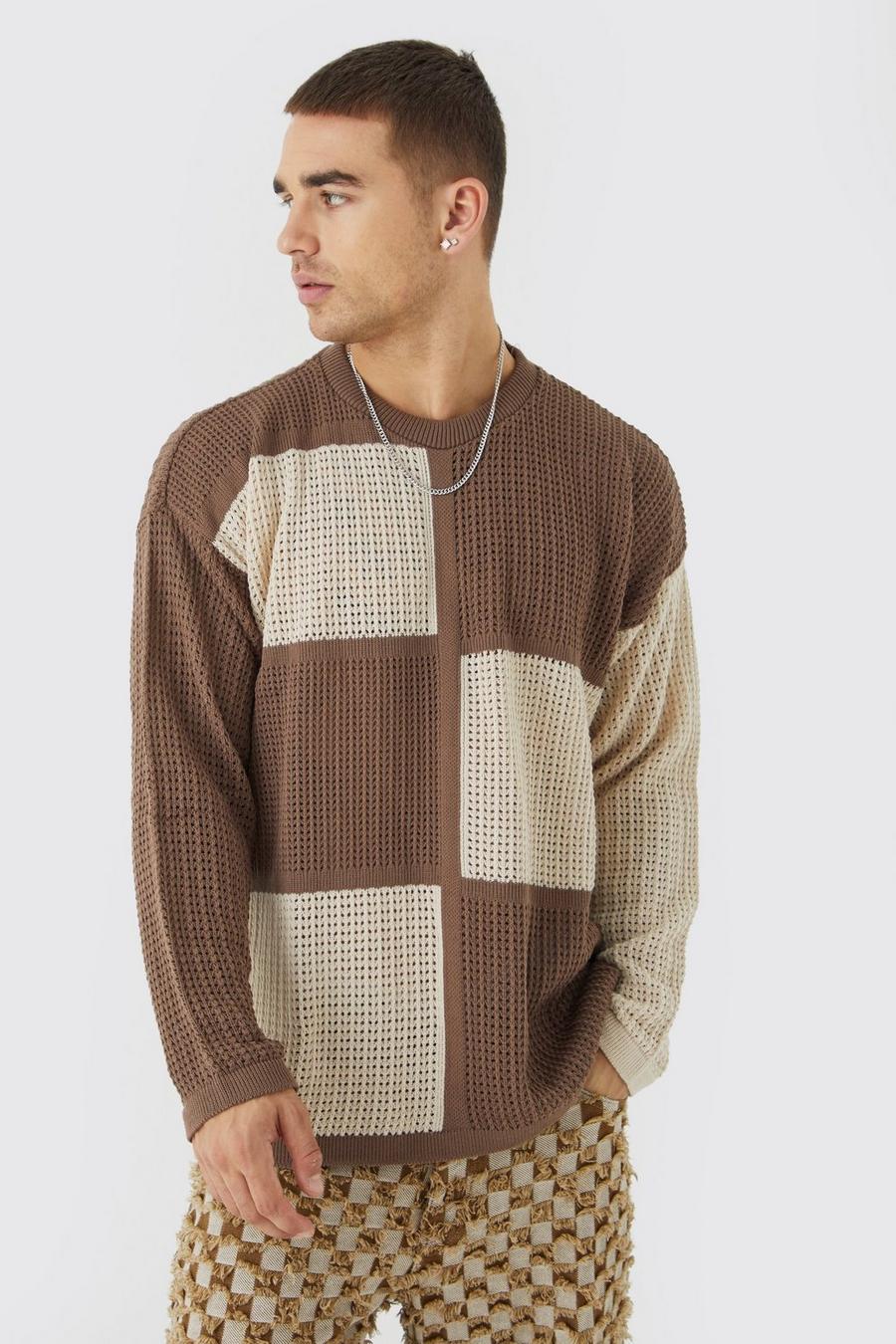 Maglione oversize in maglia traforata a blocchi di colore, Brown