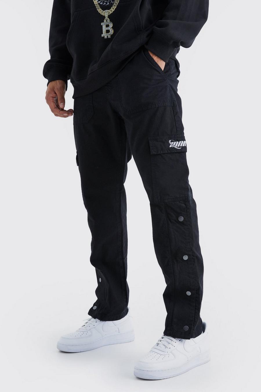 Black Straight Leg Cargo Popper Hem Ripstop Branded Trouser 