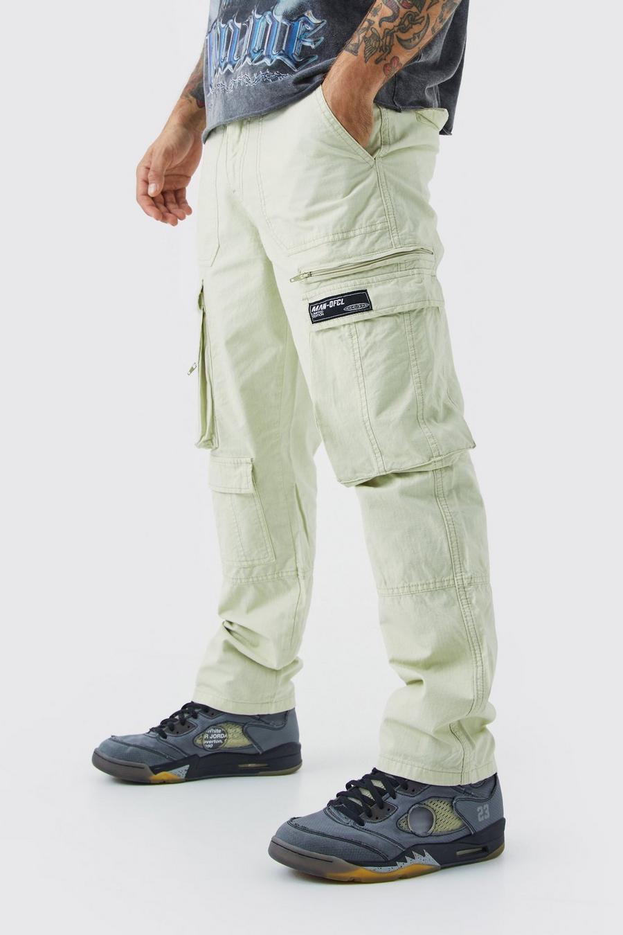 Pantalón cargo de pernera recta con cremalleras y costuras antidesgarros con etiqueta de tela, Sage