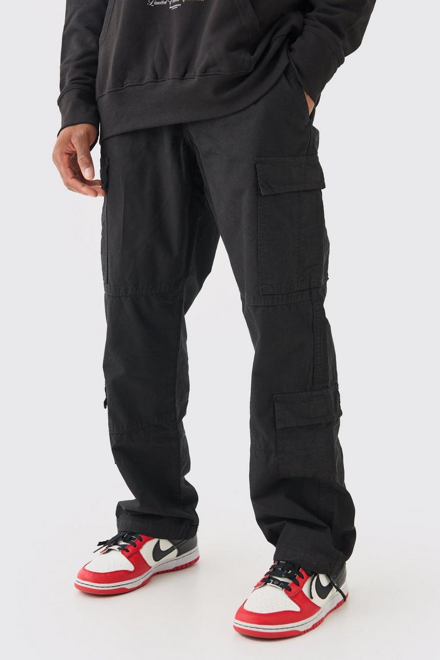 Black Relaxed Multi Cargo Ripstop Trouser With Woven Tab