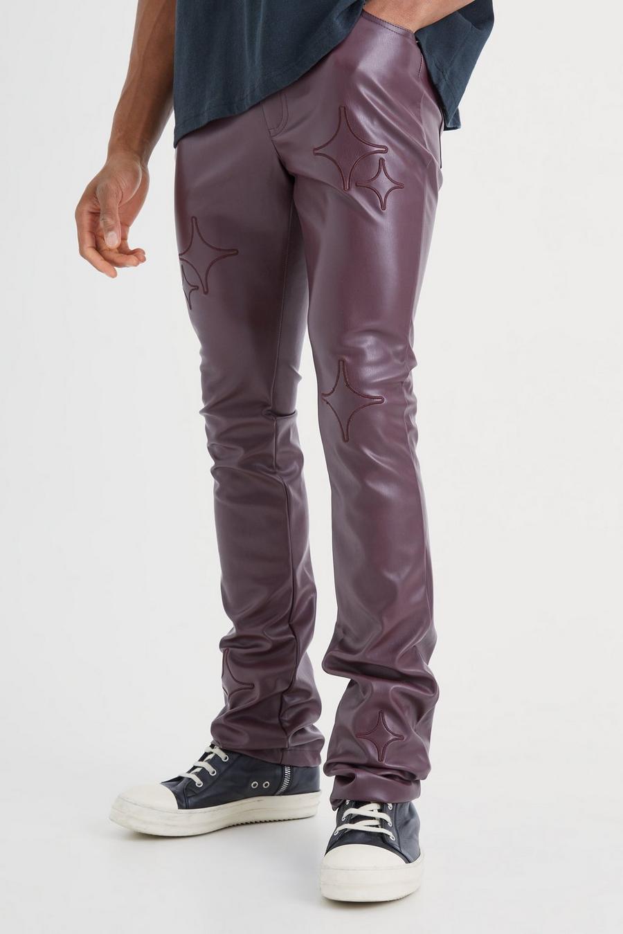 Pantaloni a zampa Skinny Fit in PU con applique, vita fissa e pieghe sul fondo, Purple