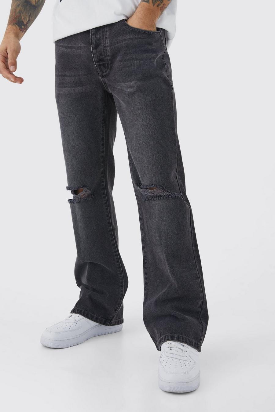 Charcoal Relaxed Rigid Flare Jean With Knee Rips