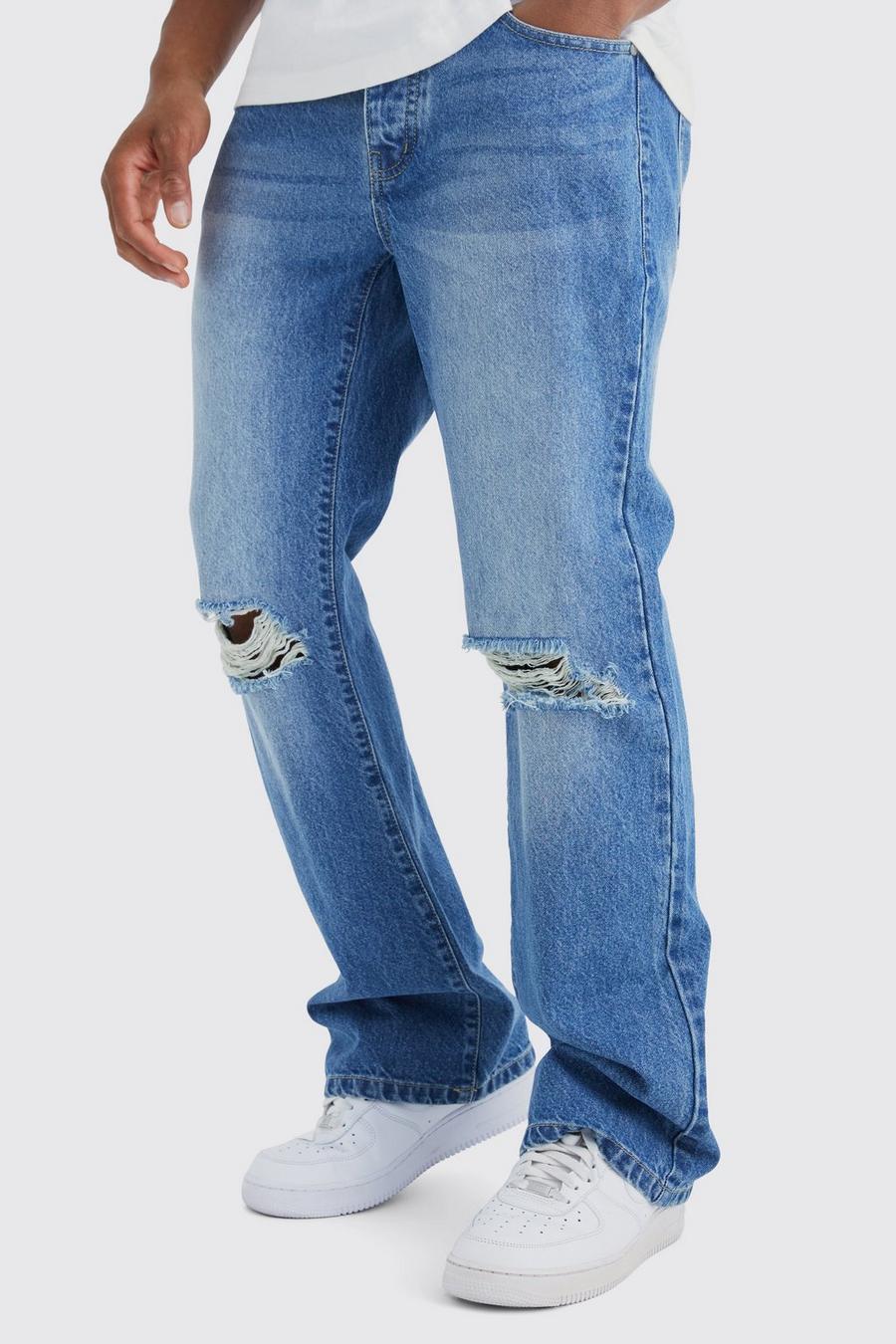 Jeans a zampa rilassati in denim rigido con strappi sul ginocchio, Mid blue