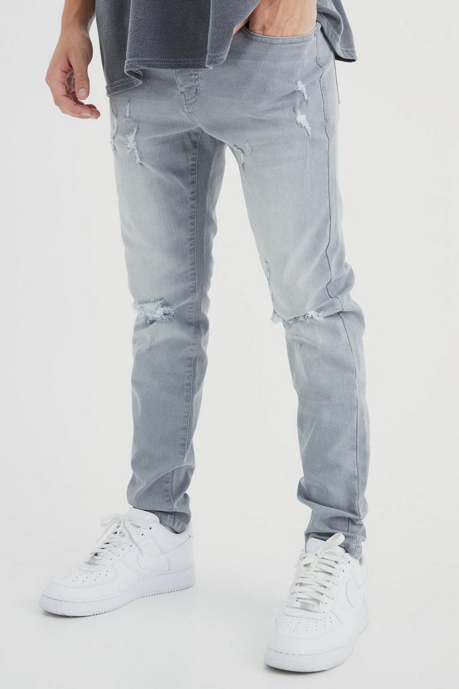 Skinny Stretch Jeans mit Riss am Knie, Mid grey