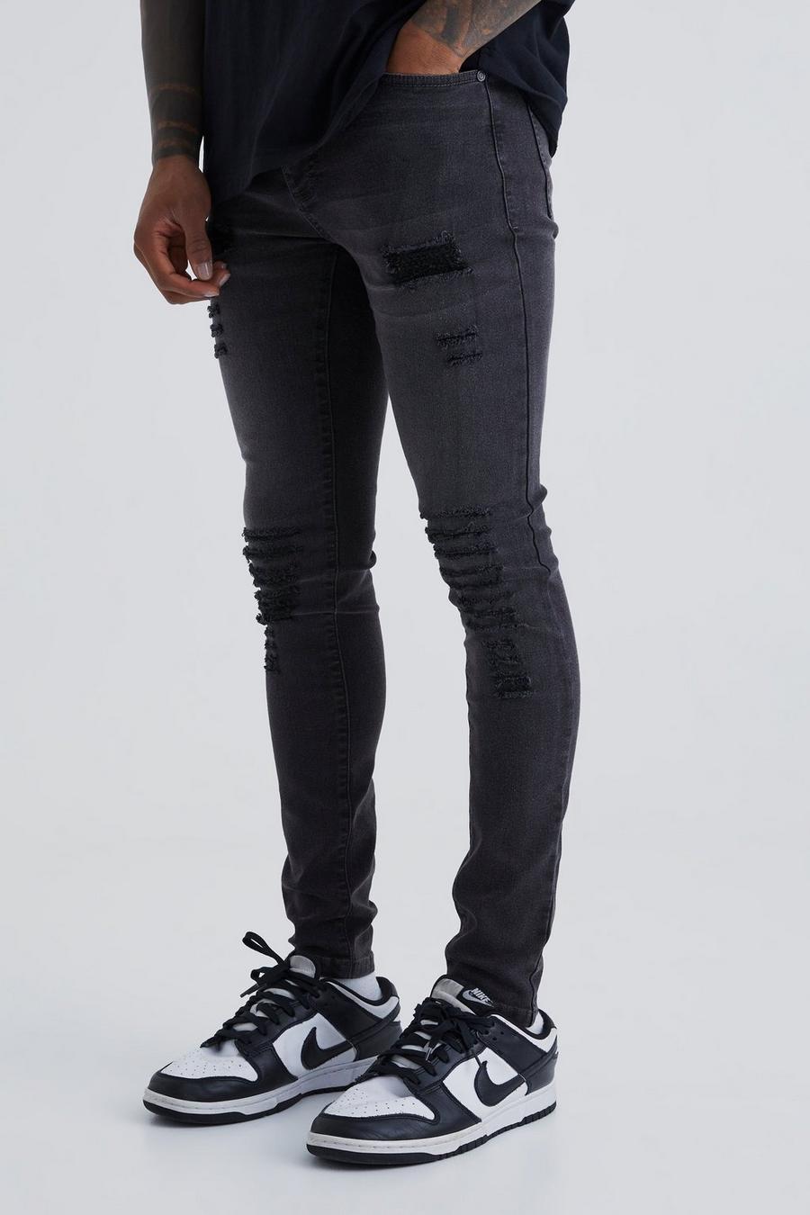 Charcoal Super Skinny Jeans With All Over Rips