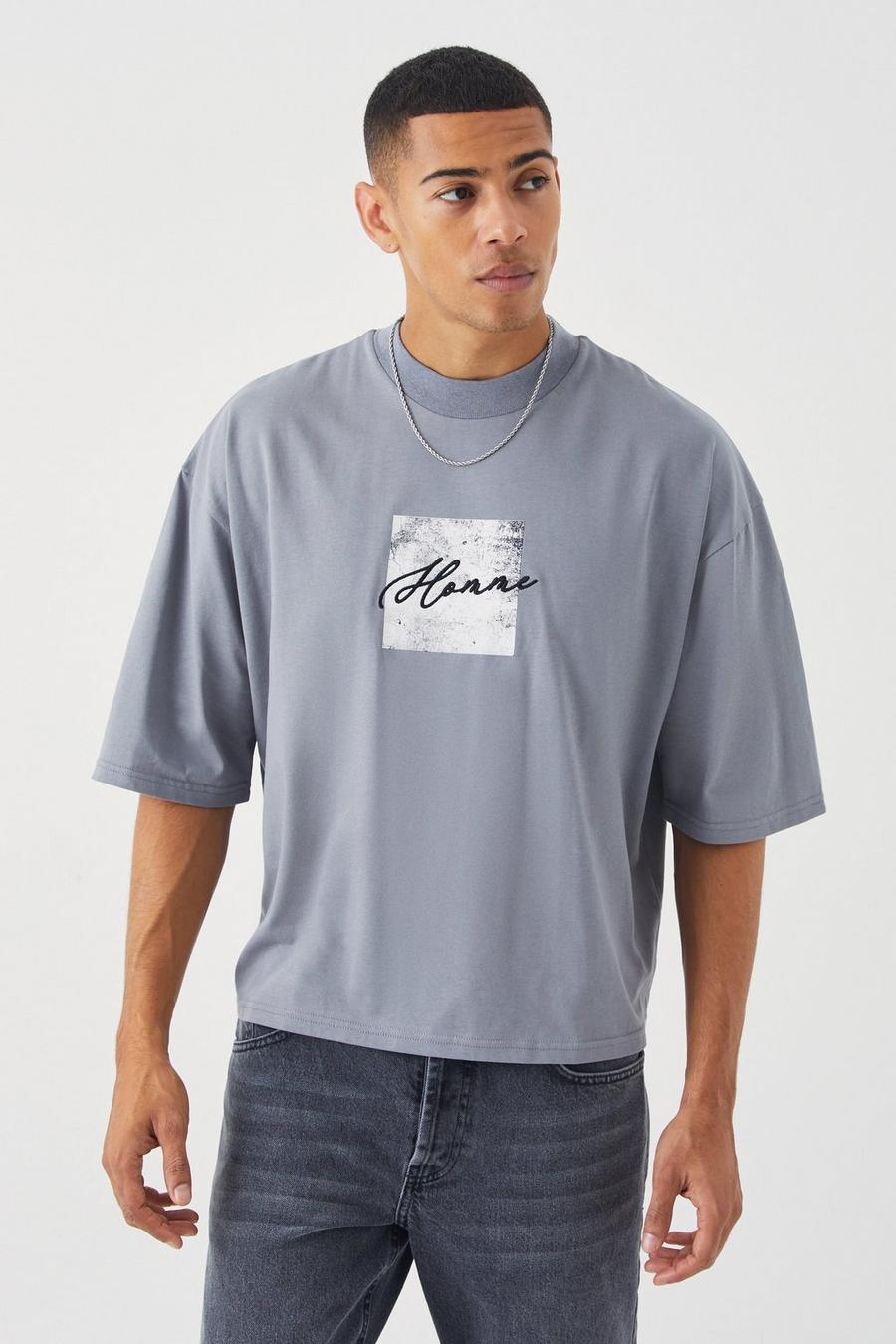 Kastiges Oversize T-Shirt mit Stickerei, Light grey