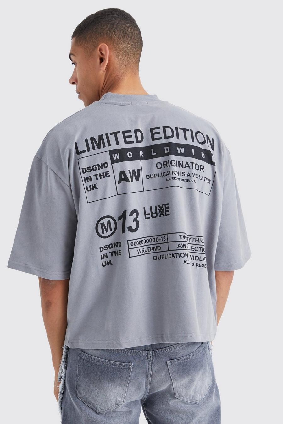 Grey Oversized Dik Geborduurd Boxy T-Shirt Met Perzikhuid