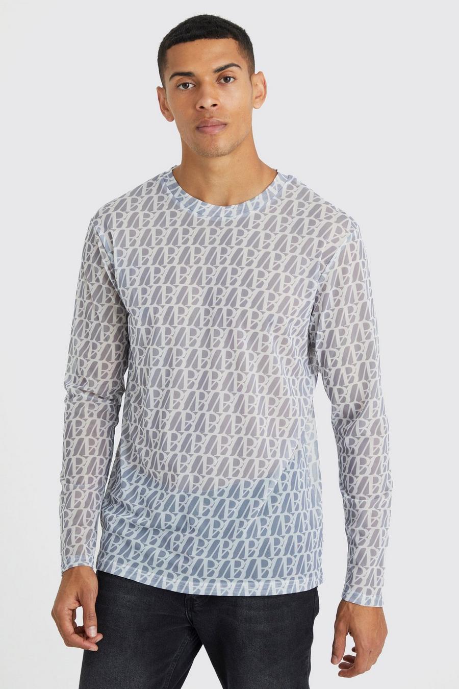 T-shirt a maniche lunghe Slim Fit in rete con monogramma, Grey