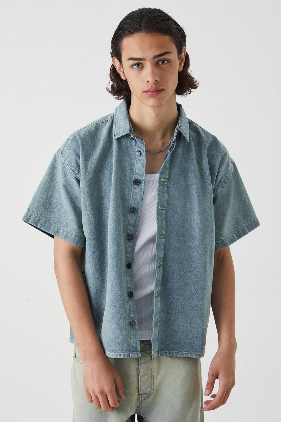Camicia in denim squadrata a maniche corte, Antique blue