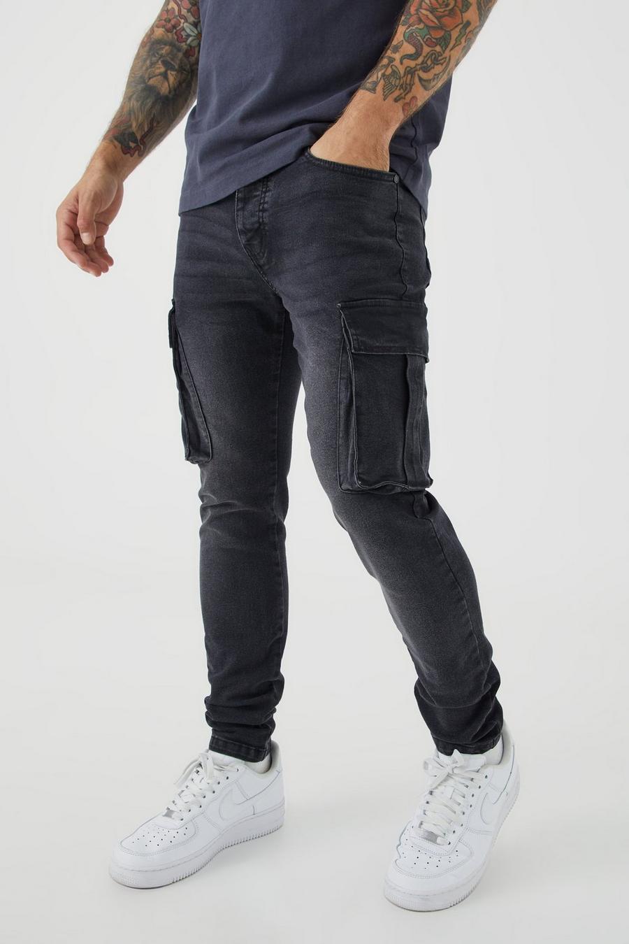 Skinny Stretch Cargo-Jeans, Washed black