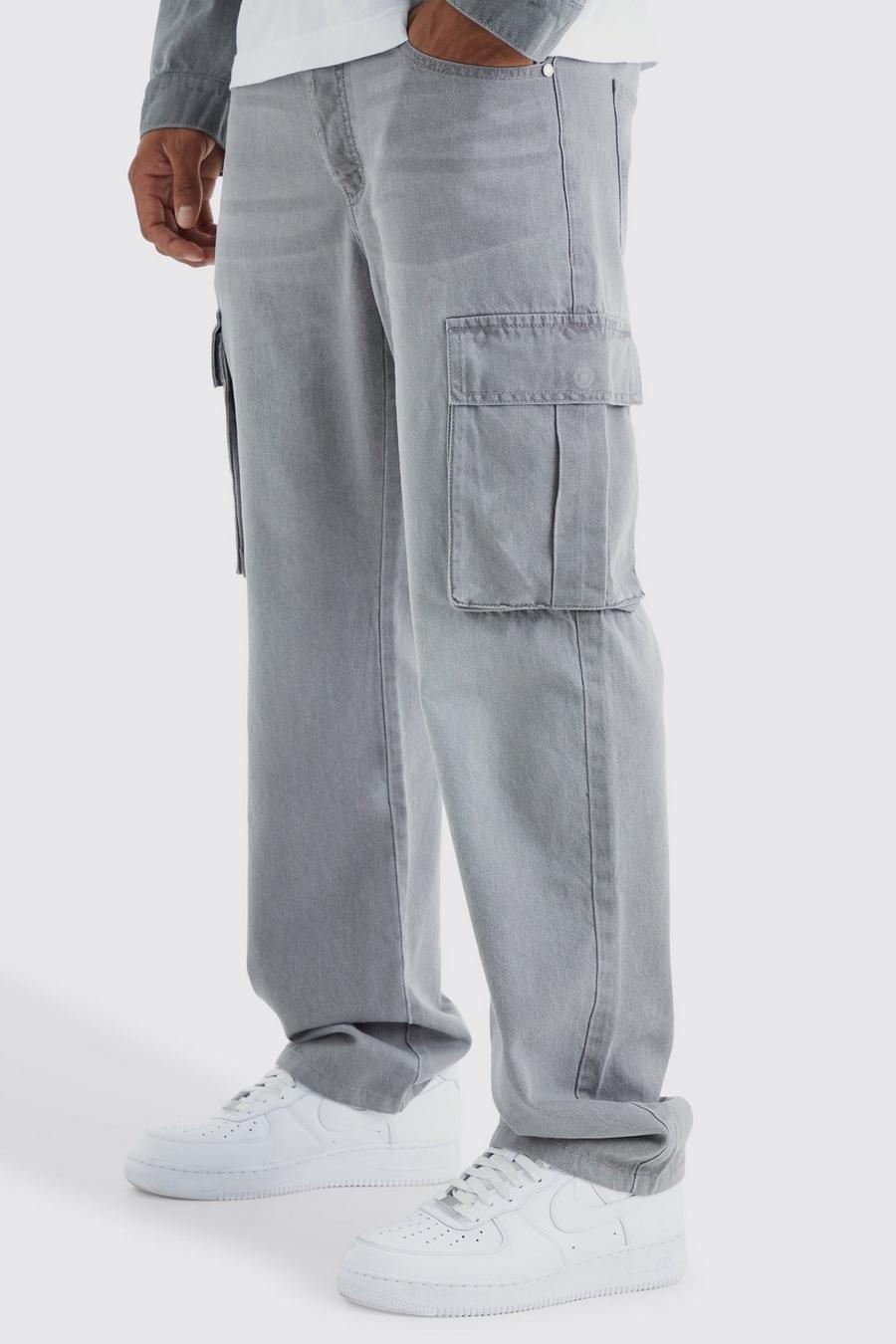Jeans Cargo rilassati in denim rigido, Mid grey image number 1