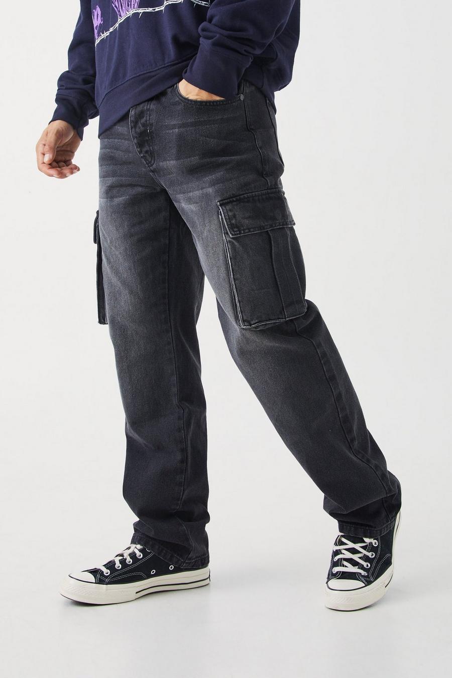 Washed black Relaxed Rigid Cargo Jeans image number 1