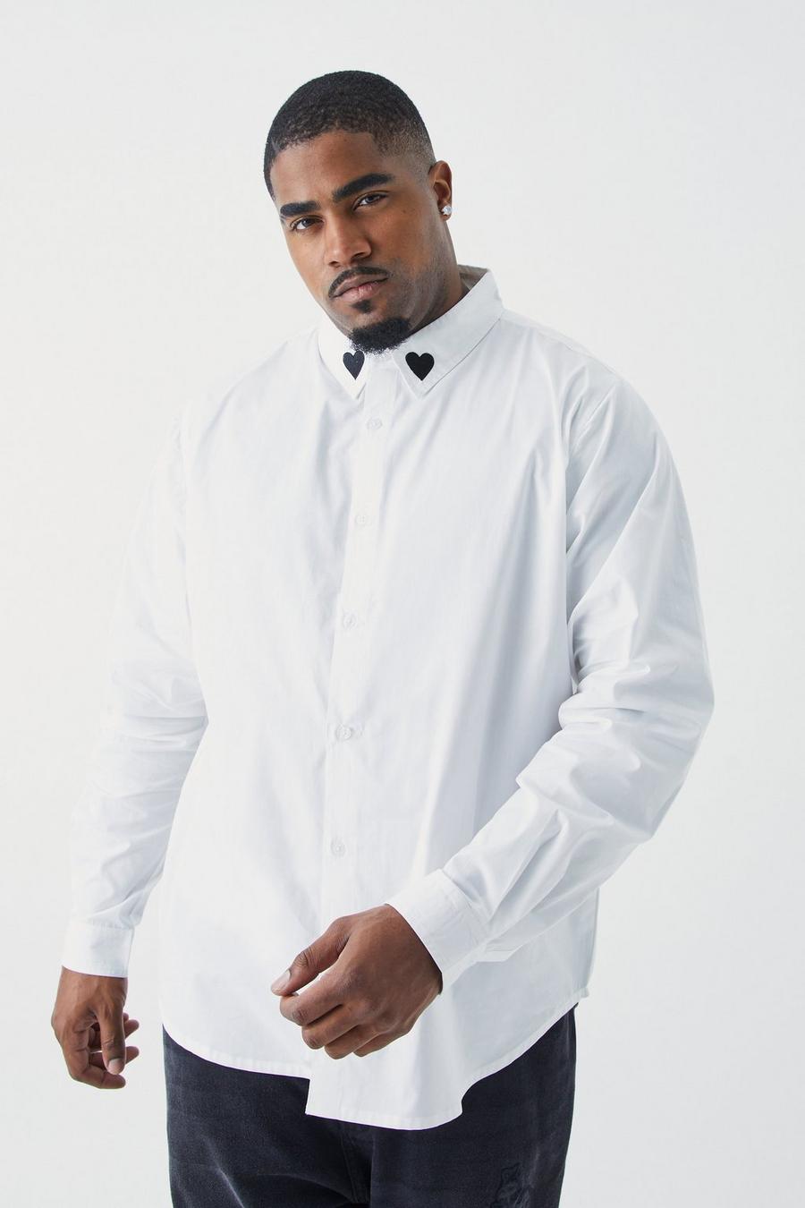 Camisa Plus de popelina con bordado de corazón en el cuello, White